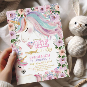 Magical Unicorn Purple Flower 1st birthday Invitation