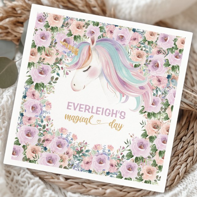 Magical Unicorn Purple Flower 1st birthday Napkin (Creator Uploaded)