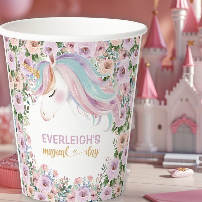 Magical Unicorn Purple Flower birthday Paper Cups (Creator Uploaded)