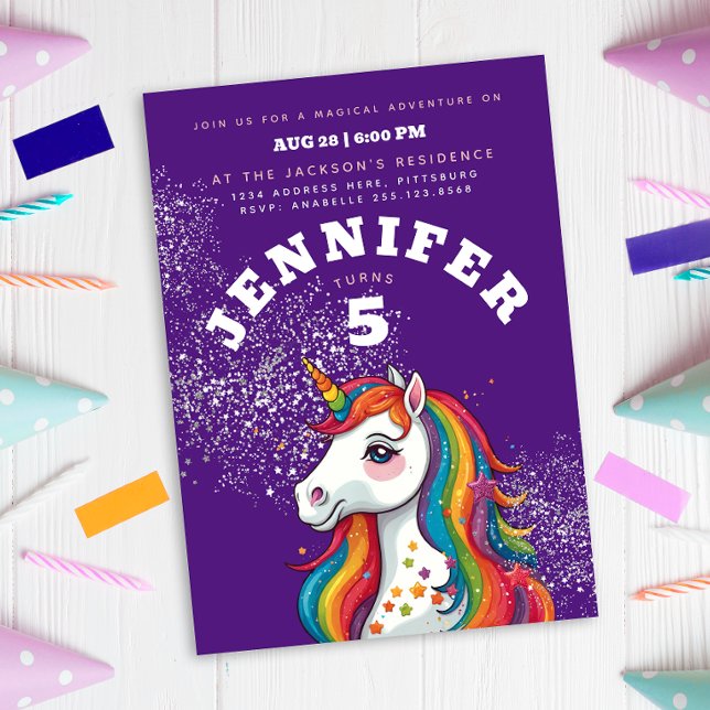 Magical Unicorn Purple Glitter Rainbow Stars Invitation (Creator Uploaded)