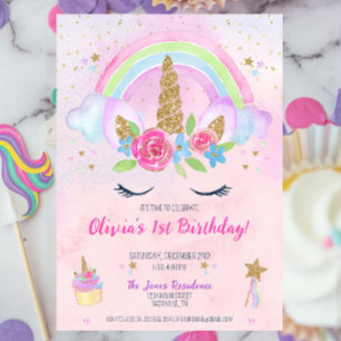 Magical Unicorn Rainbow 1st Birthday Invitation