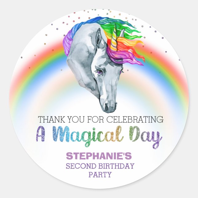 Magical Unicorn Rainbow Birthday Favour  Classic Round Sticker (Front)