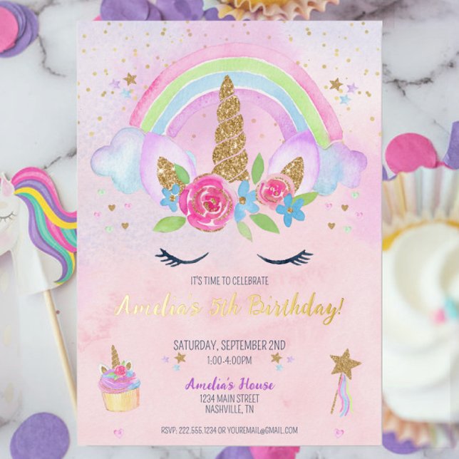 Magical Unicorn Rainbow Birthday Invitation (Pink Magical Unicorn Rainbow Gold Foil Birthday Invitation, Pastel Unicorn Theme Party for Girl)