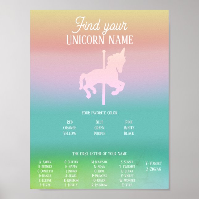 Magical Unicorn Rainbow Birthday Name Game Poster (Front)