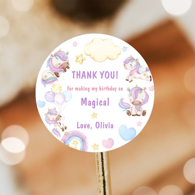 Magical Unicorn Rainbow Birthday Party Classic Round Sticker (Creator Uploaded)
