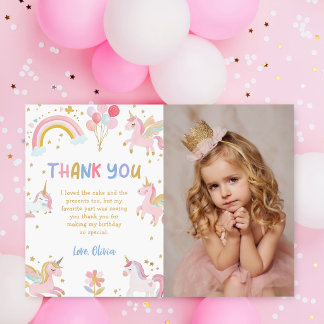 Magical Unicorn Rainbow Birthday Photo Thank You Card