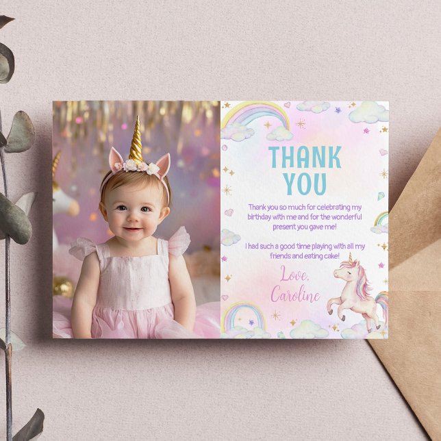 Magical Unicorn Rainbow Birthday Photo Thank You Card (Creator Uploaded)