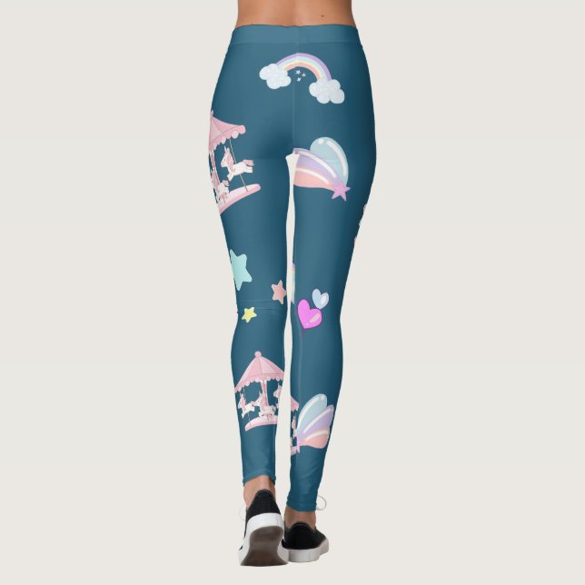 Magical Unicorn rainbow carousel pattern birthday  Leggings (Back)