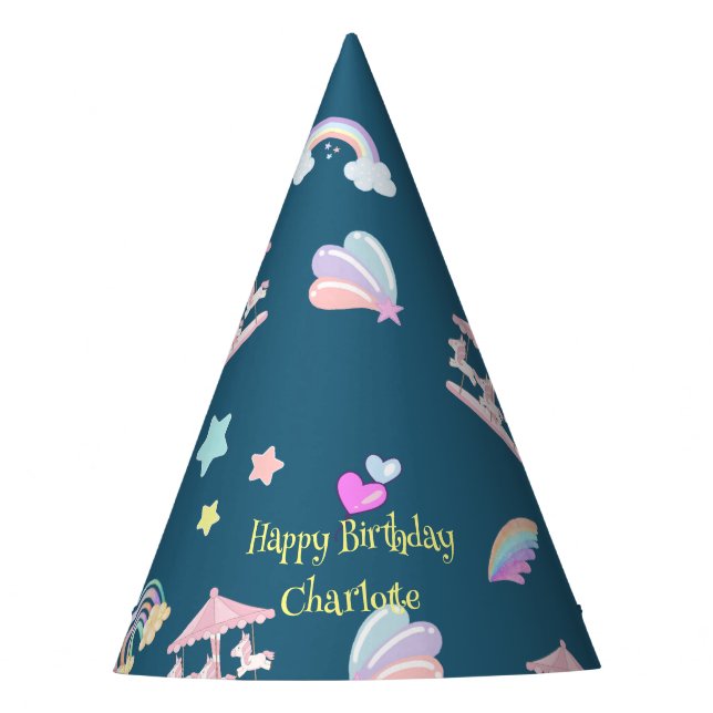 Magical Unicorn rainbow carousel pattern birthday  Party Hat (Front)