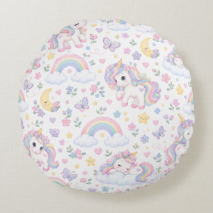 Magical Unicorn, Rainbow & Celestial Design Round Cushion