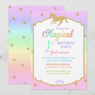 Magical Unicorn Rainbow & Faux Glitter Invitation