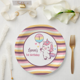 Magical Unicorn & Rainbow Girl 1st Birthday party Paper Plate