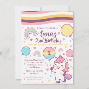 Magical Unicorn & Rainbow Girl 2nd Birthday party Invitation