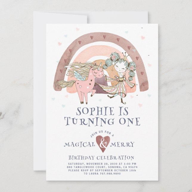 Magical Unicorn Rainbow Girl First Birthday Party  Invitation (Front)