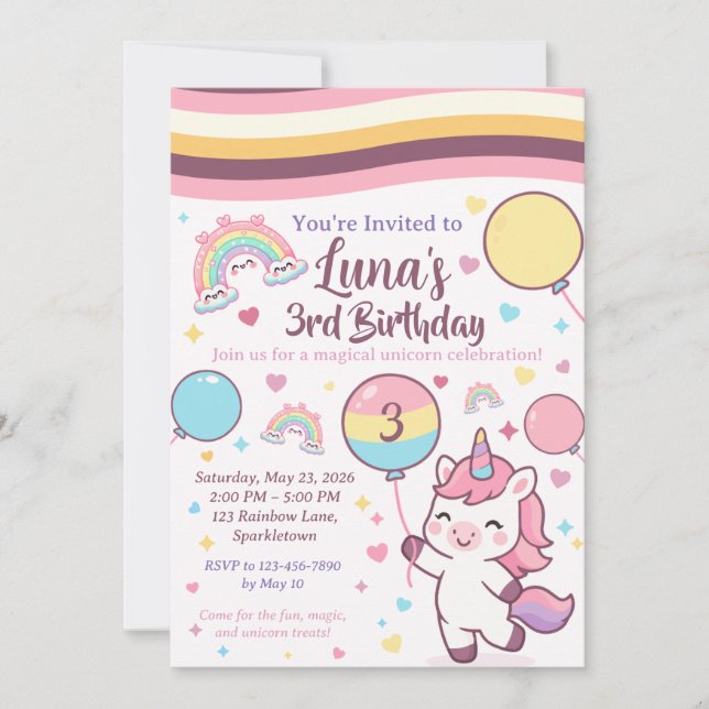 Magical Unicorn & Rainbow Girl Third Birthday  Invitation (Front)
