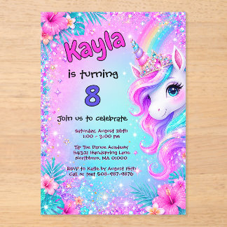 Magical Unicorn Rainbow Glitter Birthday  Acrylic Invitations