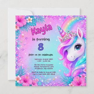 Magical Unicorn Rainbow Glitter Birthday  Invitation