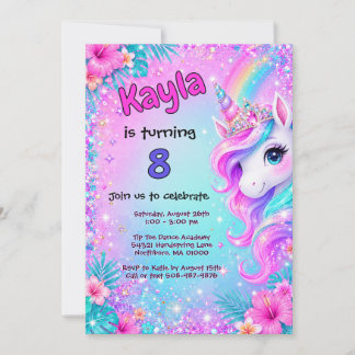 Magical Unicorn Rainbow Glitter Birthday  Invitation