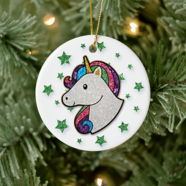 Magical Unicorn Rainbow Glitter Ceramic Ornament (Tree)