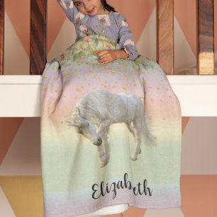 Magical Unicorn Rainbow Gold Floral Fleece Blanket