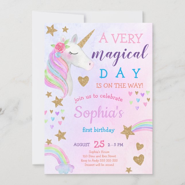 Magical Unicorn Rainbow Pastel Girl First Birthday Invitation (Front)