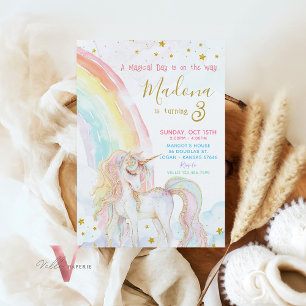 Magical Unicorn Rainbow Pastel Gold Birthday  Invitation