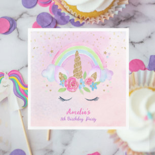 Magical Unicorn Rainbow Pink Birthday Napkin