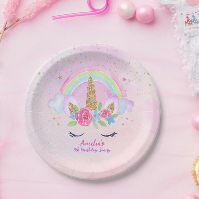 Magical Unicorn Rainbow Pink Birthday Paper Plate (Whimsical Rainbow Unicorn Birthday Party Plates)