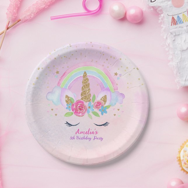 Magical Unicorn Rainbow Pink Birthday Paper Plate (Whimsical Rainbow Unicorn Birthday Party Plates)