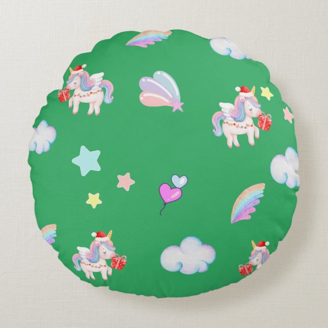 Magical Unicorn rainbow Xmas birthday party  Round Cushion (Front)