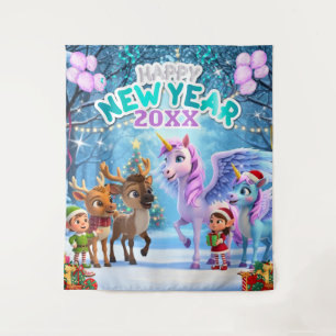 Magical Unicorn & Reindeer Kids New Year Bckdrop Tapestry