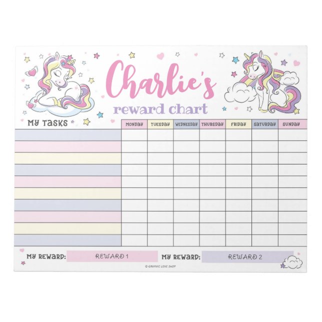 Magical Unicorn Reward Chart Personalised Tasks Notepad (Front)