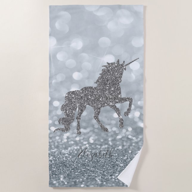 Magical Unicorn,Silver Glitter Bokeh-Personalised Beach Towel (Front)