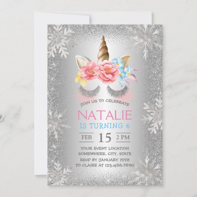 Magical Unicorn Silver Winter Snowflakes Birthday Invitation (Front)