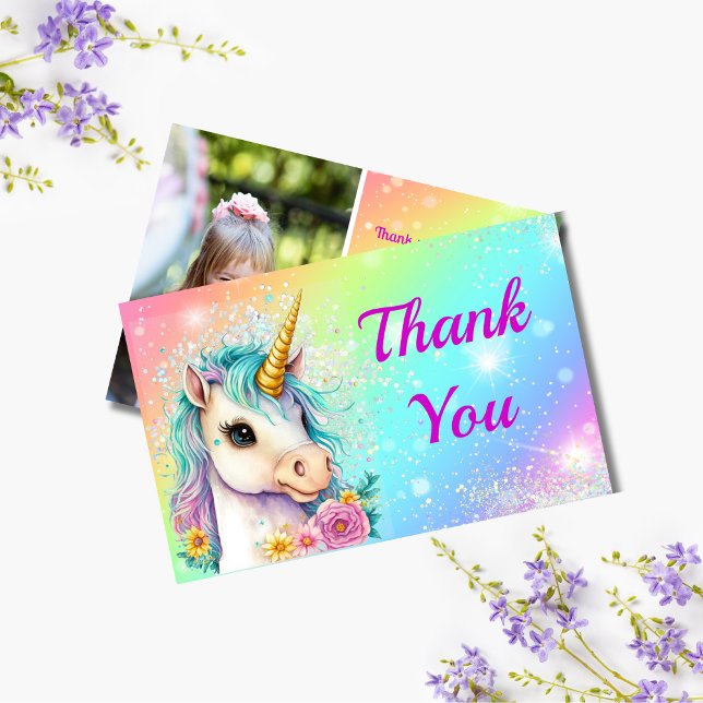 Magical Unicorn Sparkle Birthday Photo Thank You Card (Creator Uploaded)