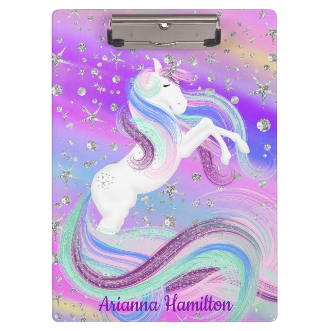 Magical Unicorn Sparkly Silver Stars Clipboard (Front)