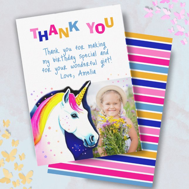 Magical Unicorn Stars Girl Photo Birthday  Thank You Card (Creator Uploaded)