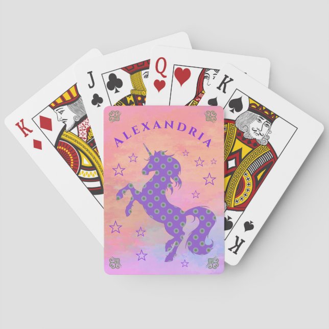 Magical Unicorn Stars Purple Pattern Personalise Playing Cards (Back)