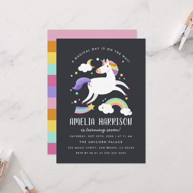 Magical Unicorn, Stars & Rainbow Birthday Party Invitation (Front/Back In Situ)