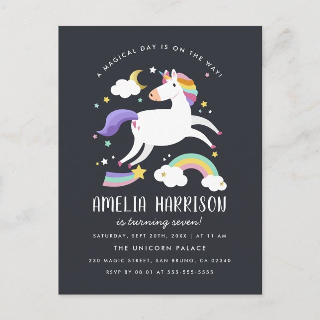 Magical Unicorn, Stars & Rainbow Birthday Party Invitation Postcard (Front)