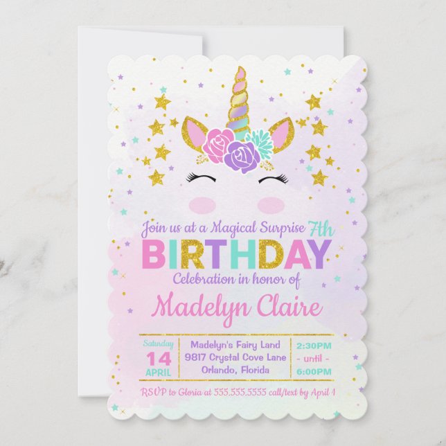 Magical Unicorn Surprise Birthday Party Invitation (Front)