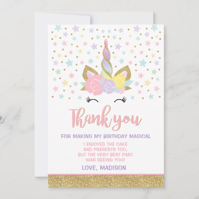 Magical Unicorn Thank You Card Pink Gold Unicorn (Front)