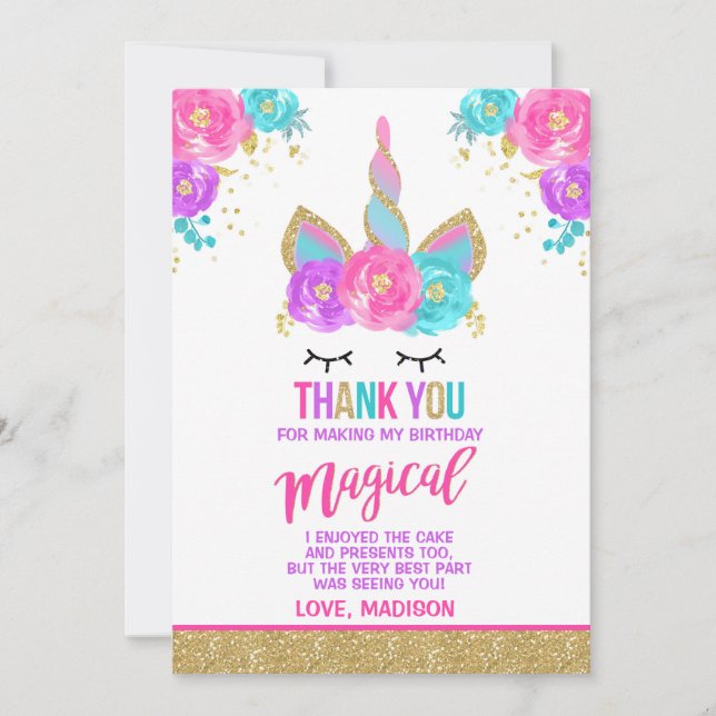 Magical Unicorn Thank You Card Unicorn Party (Front)