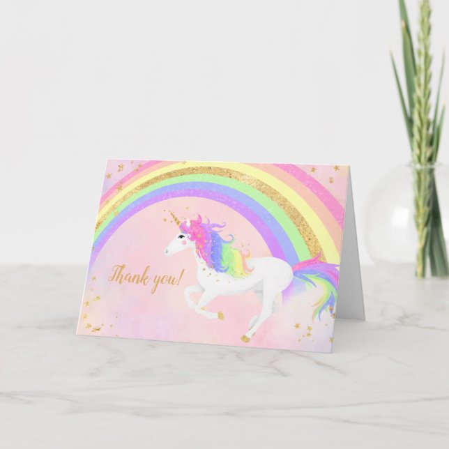 Magical Unicorn Thank You | Gold and Pink Rainbow Card (Front)