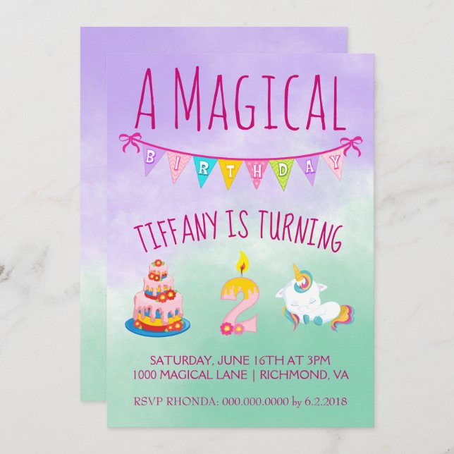 Magical Unicorn Two Year Old Birthday Party Invitation (Front/Back)
