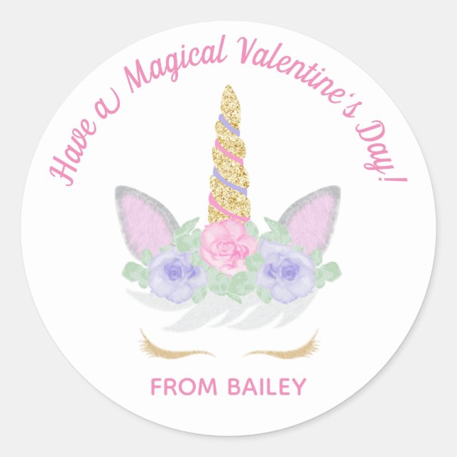 Magical Unicorn Valentine's Day Label or Sticker (Front)