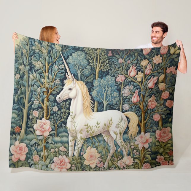 Magical Unicorn William Morris Botanical Forest Fleece Blanket (In Situ)