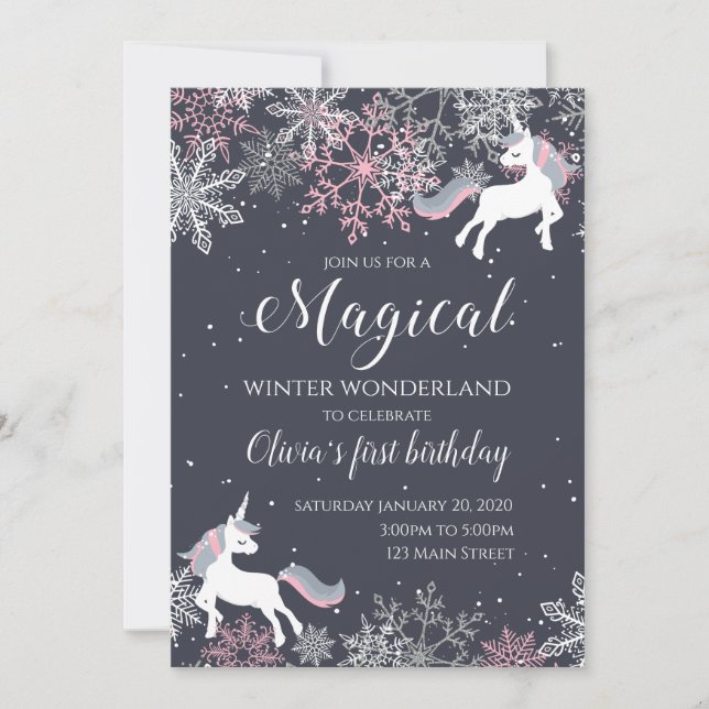 Magical Unicorn Winter Onederland Birthday Invite (Front)