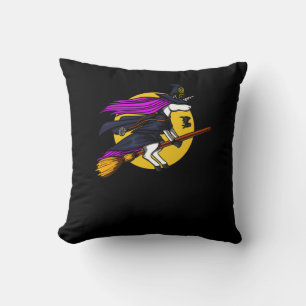 Magical Unicorn Witch Riding A Broom Halloween Cushion