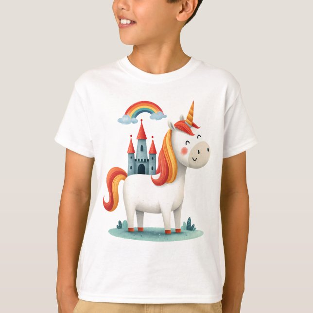 Magical Unicorn with Castle and Rainbow – Cute Kid T-Shirt (Front)